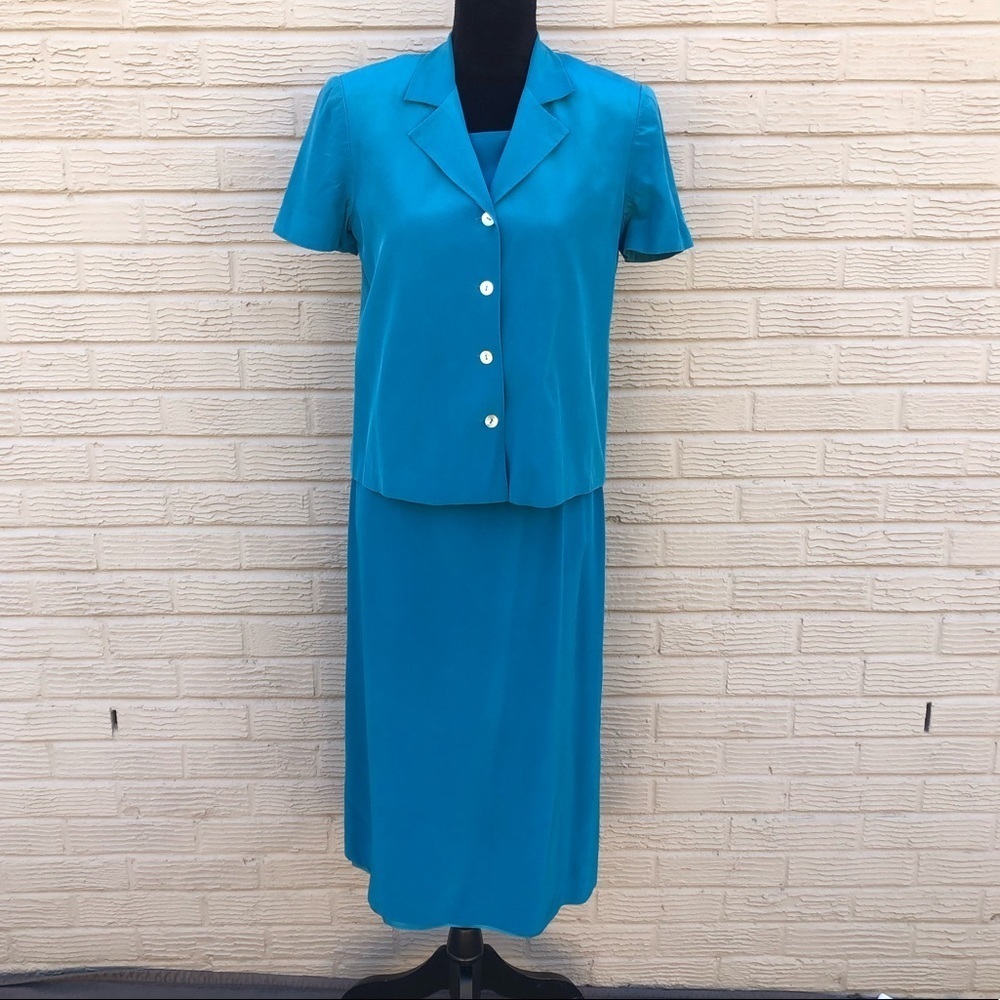 Talbots Petites Pure Silk 2 Piece Teal Blue Sheath Dress & Short Sleeve Jacket 6